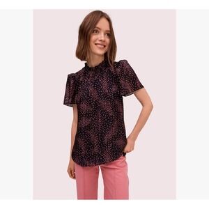 Kate Spade New York Meadow Floral Silk Blend Smocked‎ Neck Tie Back Top Black 10